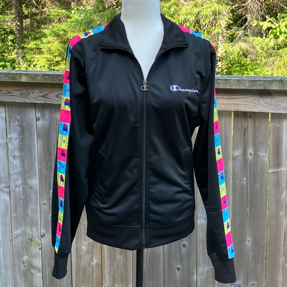 Champion Women's Black Track Jacket with Colorful Accents